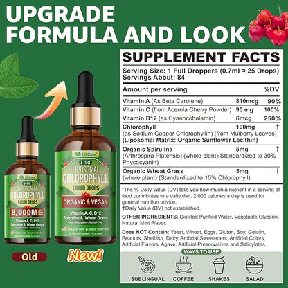 Organic Chlorophyll Liquid Drops Liposomal for Women & Men, 6-in-1 Greens Superfood Vegan Chlorophyll w/Spirulina, Wheat Grass, Vitamin C B12 A for Internal Deodorant*, Energy,Digestive,2Packs/4 Fl Oz