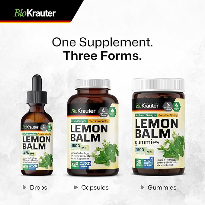BIO KRAUTER Lemon Balm Leaf Extract - Vegan Melissa Lemon Balm Tincture for Calmness Support - Sugar & Alcohol-Free - 2 Fl. Oz.