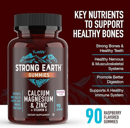 YUM-V'S Strong Earth Calcium, Magnesium, Zinc and Vitamin D Gummies (90 Count) Calcium Gummies with Vitamin D3 + Zinc & Magnesium Supplements, Delicious Bone Health Gummy Supplements