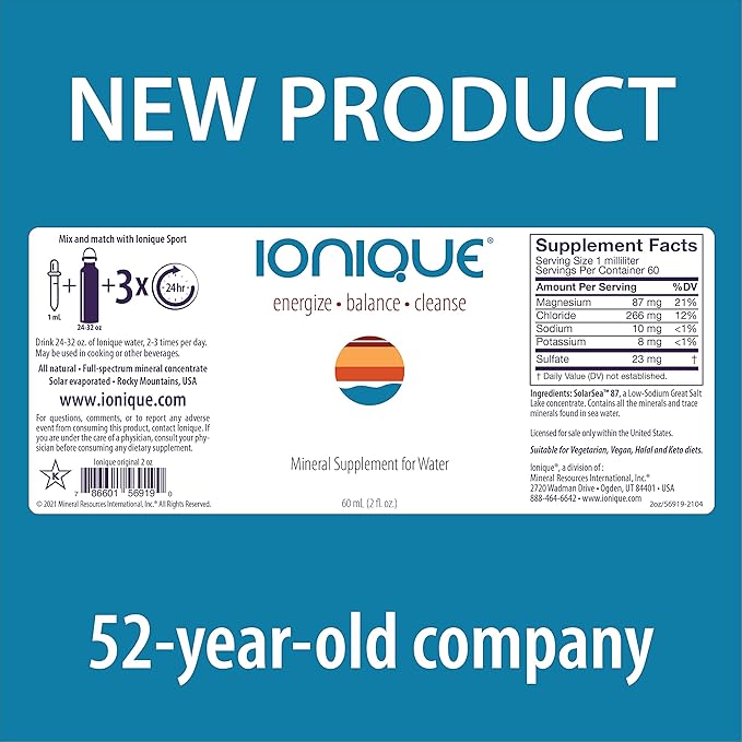 NEW Ionique Mineral Supplement for Water - Magnesium, Trace Mineral & Electrolyte Hydration System, Support for Migraine, Constipation, Brain Fog, Muscle Cramps, Sleep, One 2 oz bottle of Liquid Drops