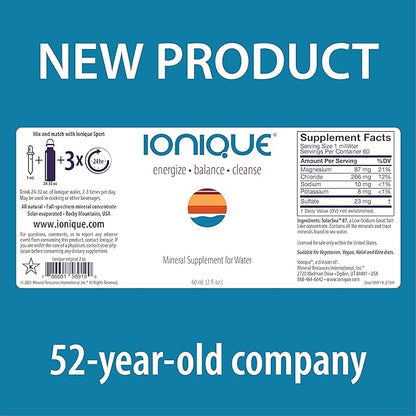 NEW Ionique Mineral Supplement for Water - Magnesium, Trace Mineral & Electrolyte Hydration System, Support for Migraine, Constipation, Brain Fog, Muscle Cramps, Sleep, One 2 oz bottle of Liquid Drops