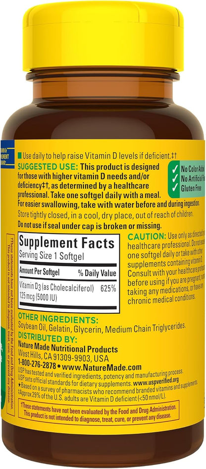 Nature Made Extra Strength Vitamin D3 5000 IU (125 mcg), Dietary Supplement for Bone, Teeth, Muscle and Immune Health Support, 90 Softgels, 90 Day Supply