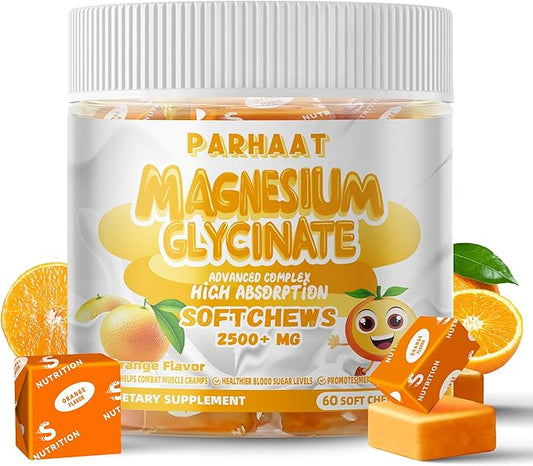 Magnesium Glycinate Soft Chews, Orange Flavor.Chewable Sugar Free Potassium Magnesium Chews with Magnesium Glycinate, Vitamin D, B6, and CoQ10 for Calm Support & Sleep for Adults, 60 Days Supply