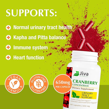 Jiva Botanicals Concentrated Cranberry Supplement - 650 mg Cranberry Powder Extract Pills for Women - High Potency for Normal Urinary Tract Health - 60 Capsules