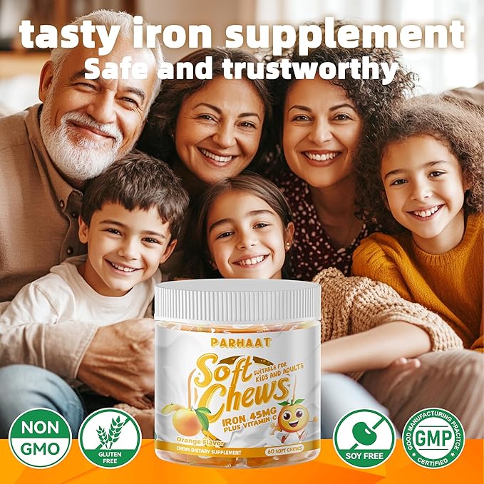 Iron Soft Chew Supplement with Vitamin C | Orange Flavored | Gluten Free | Iron Supplement for Women Men and Kids | 60 Count | 2 Month Supply