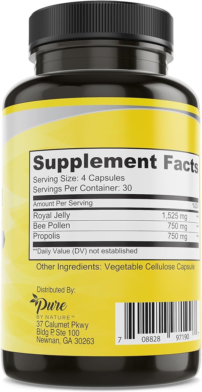 Pure By Nature Bee Pollen Supplement with Propolis & Royal Jelly for Immune Support, Antioxidant Properties, 120 Non-GMO Vegetarian Capsules