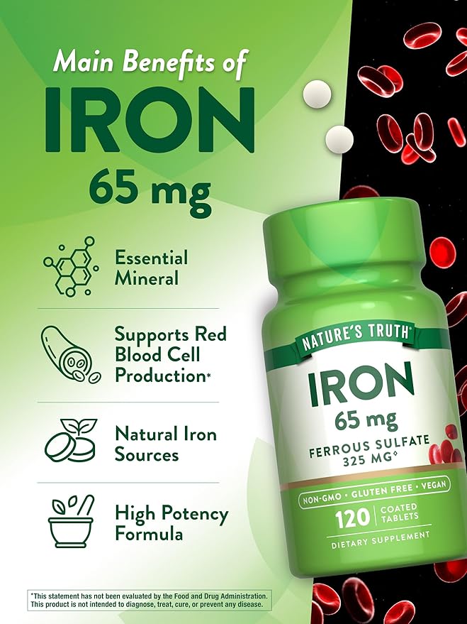 Nature's Truth Iron Supplement | 65mg | 120 Tablets | 325mg Ferrous Sulfate | Non-GMO & Gluten Free Pills