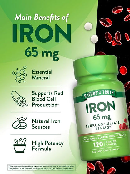 Nature's Truth Iron Supplement | 65mg | 120 Tablets | 325mg Ferrous Sulfate | Non-GMO & Gluten Free Pills