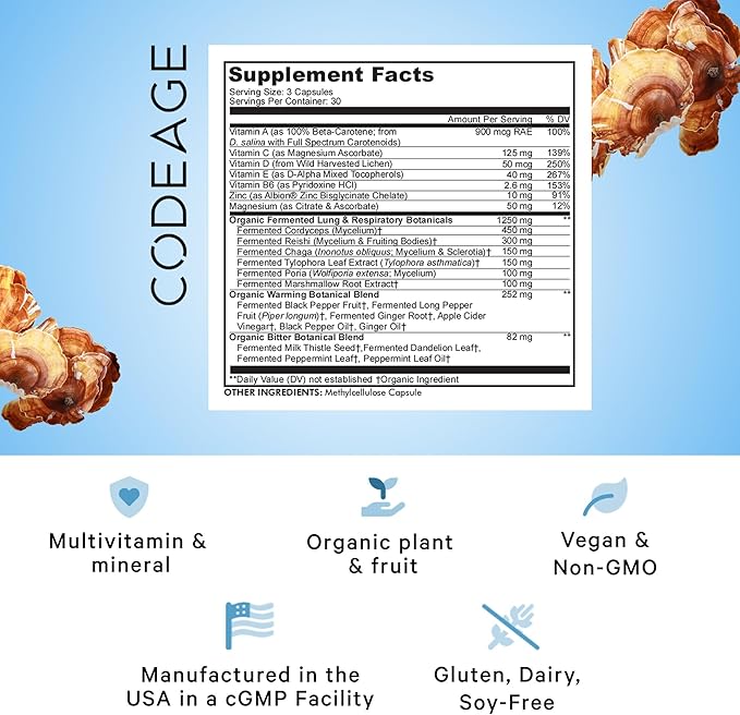 Codeage Lungs Vitamins, A, C, D, E, B6, Milk Thistle Lung Supplement, Zinc & Magnesium, Cordyceps, Reishi, Chaga, Poria, Tylophora, Ginger, Peppermint Leaf Organic Herb Cleanse - Non-GMO - 90 Capsules