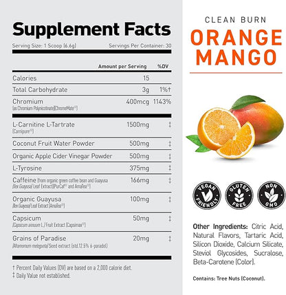 Kaged Thermogenic Powder Clean Burn Orange Mango Men & Women Weight Management Supplement Organic Caffeine Apple Cider Vinegar 30 Servings