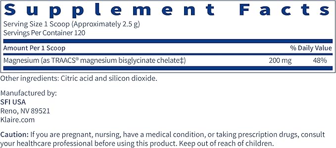 Klaire Labs Magnesium Chelate Powder - Fast-Dissolving 200 Milligrams High Absorption TRAACS Bisglycinate, Vegetarian & Hypoallergenic (120 Servings, 300 Grams)