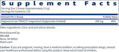 Klaire Labs Magnesium Chelate Powder - Fast-Dissolving 200 Milligrams High Absorption TRAACS Bisglycinate, Vegetarian & Hypoallergenic (120 Servings, 300 Grams)