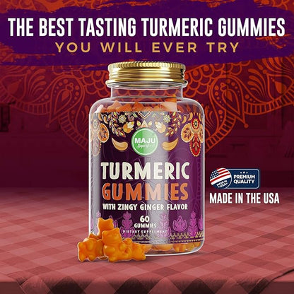 Maju Superfoods Turmeric Curcumin Gummies 60ct, Zingy Ginger Taste, Black Pepper Extract for Enhanced Absorption and Potency, Turmeric Gummies for Adults and Kids