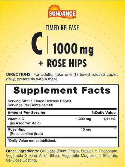Sundance Vitamin C 1000mg with Rose Hips | 60 Coated Caplets | Timed Release | Vegetarian, Non-GMO, and Gluten Free Supplement