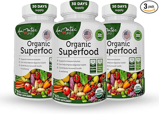 Organic Superfood Greens Fruits and Veggies Complex - Best Dietary Supplement with 14 Greens &14 Fruits & Vegetables with Alfalfa Rich in Antioxidants Organic Ingredients Non-GMO (180 Count Pack of 3)