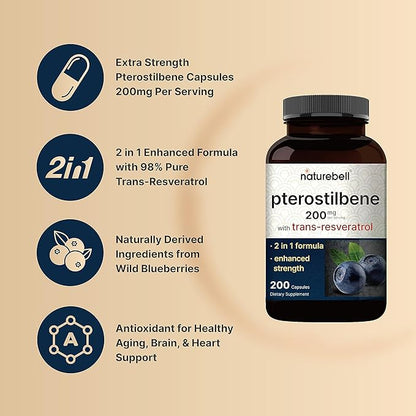Pterostilbene with 98% Trans-Resveratrol, 200mg Per Serving, 200 Capsules | Naturally Sourced from Wild Blueberries – Antioxidant Supplement for Healthy Aging Support – Non-GMO
