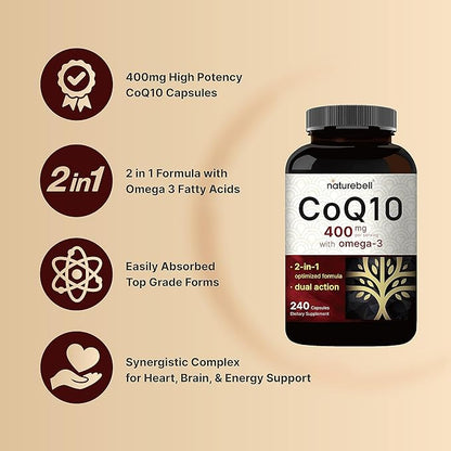 NatureBell CoQ10 400mg with Omega 3 Fatty Acids, 240 Capsules | Stable High Absorption Form – Antioxidant Support for Heart & Energy Health – Extra Strength Coenzyme Q10 Supplement