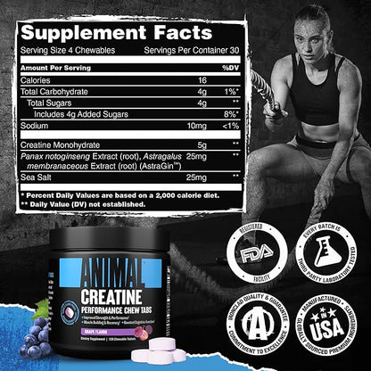 Animal Creatine Chews Tablets - Enhanced Creatine Monohydrate with AstraGin to Improve Absorption, Sea Salt for Added Pumps, Delicious and Convenient Chewable Tablets - Grape