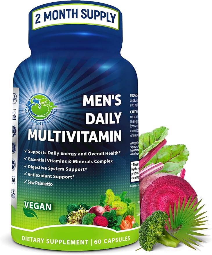 Men's Daily Multivitamin – Vegan Methylated Multivitamin for Men with Saw Palmetto, Biotin, Organic Superfoods, Probiotics & Enzymes – Energy, Gut & Optimal Health Support – Easy to Swallow Capsules