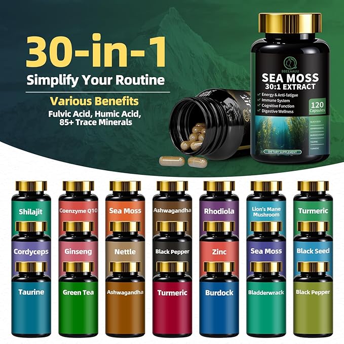 Shilajit for Men and Women, Sea Moss and Shilajit Bundle Pill, All in 1 Supplements with Coenzyme Q10, Black Seed, Ashwagandha, Taurine, Burdock for Energy, Antioxidant & Immune Support, 240 Capsule