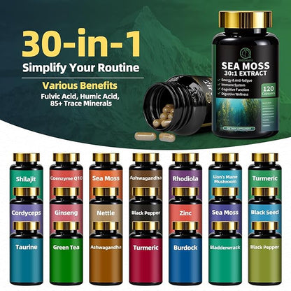 Shilajit for Men and Women, Sea Moss and Shilajit Bundle Pill, All in 1 Supplements with Coenzyme Q10, Black Seed, Ashwagandha, Taurine, Burdock for Energy, Antioxidant & Immune Support, 240 Capsule