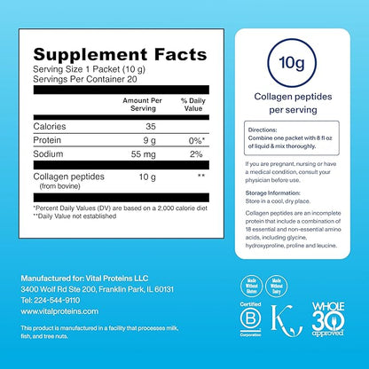 Vital Proteins Collagen Peptides Powder Supplement, Hydrolyzed Collagen Peptides Travel Pack, 20 Individual Packets