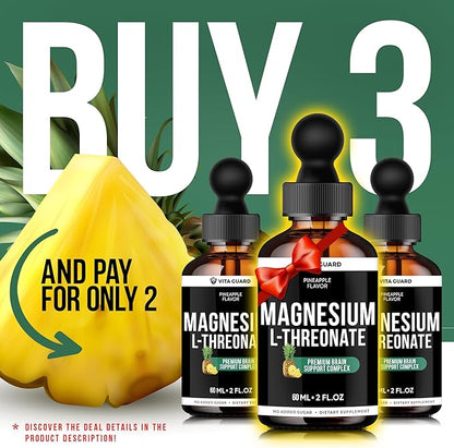 Magnesium L-Threonate Liquid Drops – 500mg High-Absorption Brain Support, Pineapple Flavor, 60ML Vegan, Gluten-Free, Non-GMO