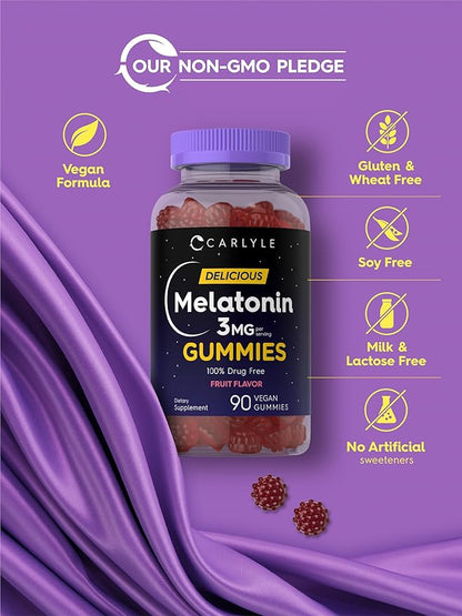 Carlyle Melatonin Gummies 3mg | 90 Count | Fruit Flavor Gummy Supplement | 100% Drug Free Support | Vegan, Non-GMO, Gluten Free