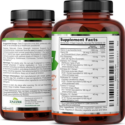 Zazzee Extra Strength 8-in-1 Immune Support, 1400 mg per Capsule, 180 Vegan Capsules, 1000 mg Vitamin C, 1000 IU D3, Zinc, Elderberry, Echinacea, Goldenseal, Turmeric, Astragalus, Made in The USA