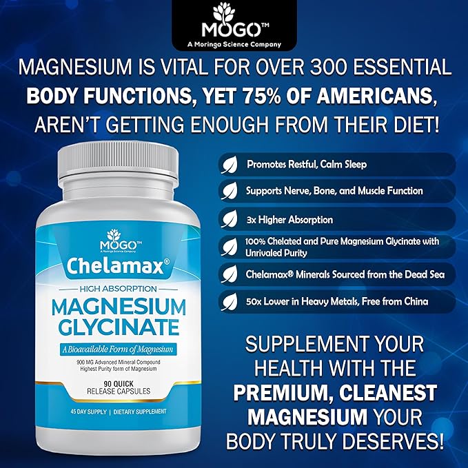 Chelamax Magnesium Glycinate.Dead Sea Magnesium Supplement for Restful Sleep,Muscle Cramps,Nerves,Digestive Support,3rd Party Tested,Heavy Metal Free,Pure Magnesium Glycinate Capsules.