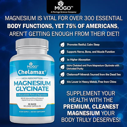 Chelamax Magnesium Glycinate.Dead Sea Magnesium Supplement for Restful Sleep,Muscle Cramps,Nerves,Digestive Support,3rd Party Tested,Heavy Metal Free,Pure Magnesium Glycinate Capsules.