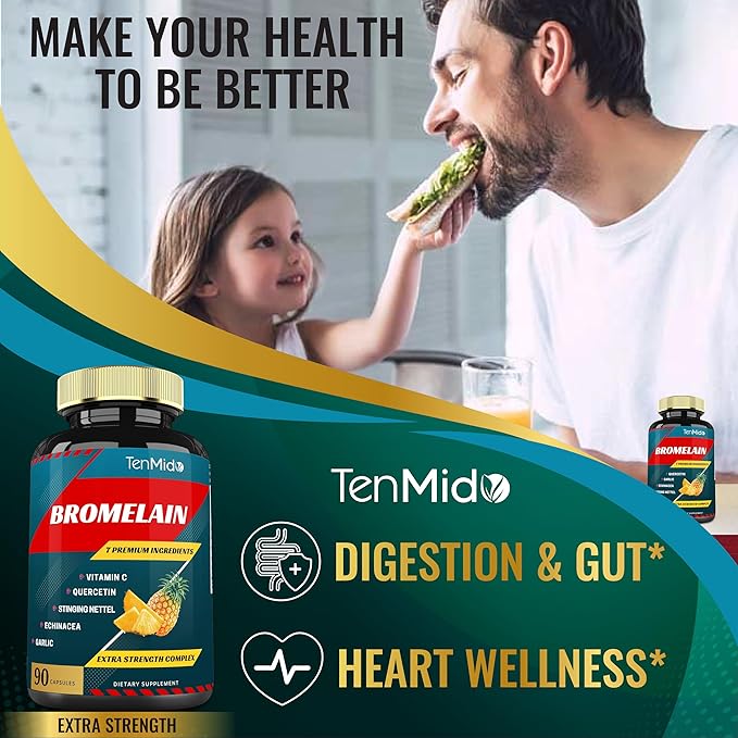 Bromelain Extract Capsules, Proteolytic Enzymes & VitC, Quercetin, Echinacea, Garlic, Pepper - Supports Digestion Health, Nutrient Absorption - 90caps, 3Months Supply