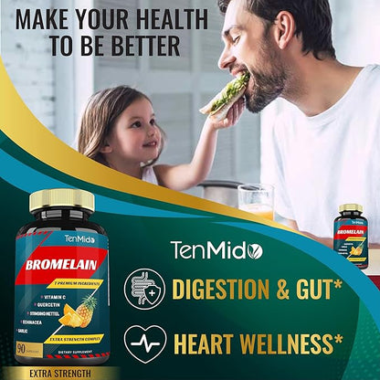 Bromelain Extract Capsules, Proteolytic Enzymes & VitC, Quercetin, Echinacea, Garlic, Pepper - Supports Digestion Health, Nutrient Absorption - 90caps, 3Months Supply