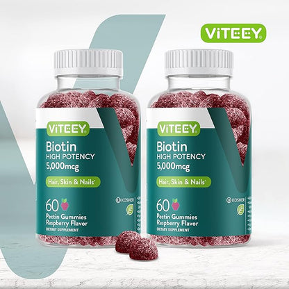 Biotin Gummies for Hair Skin Nails 5,000mcg - Hair Growth Gummies, Healthy Skin Glow, Strong Healthy Nail Growth - Vegan, Gluten Free, Gelatin Free, GMO Free - Tasty Chewable Raspberry Flavor