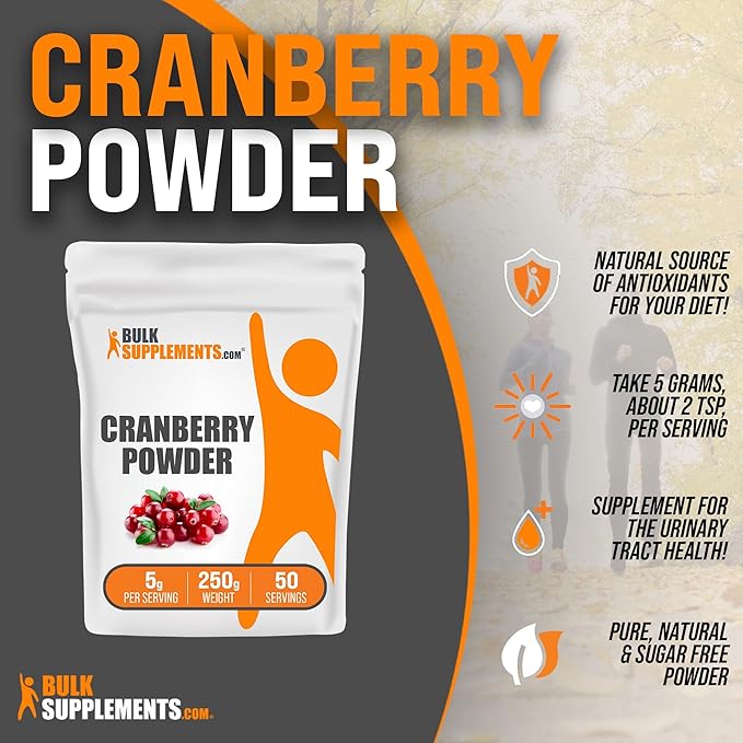 BulkSupplements.com Cranberry Powder - Cranberry Supplements for Women & Men, Dried Cranberries Unsweetened - Gluten Free & Sugar Free, 5g per Serving, 250g (8.8 oz) (Pack of 1)