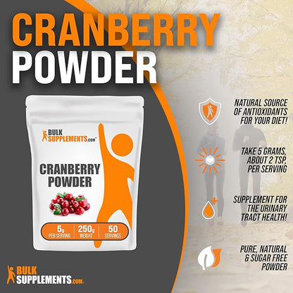 BulkSupplements.com Cranberry Powder - Cranberry Supplements for Women & Men, Dried Cranberries Unsweetened - Gluten Free & Sugar Free, 5g per Serving, 250g (8.8 oz) (Pack of 1)
