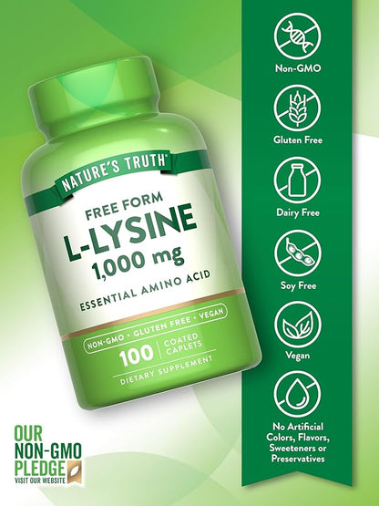 Nature's Truth L Lysine 1000mg | 100 Coated Caplets | Essential Amino Acid | Vegan, Non-GMO, & Gluten Free Supplement