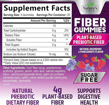 Sugar Free Fiber Gummies for Adults, Daily Prebiotic Natural Soluble Fiber Supplement & Digestive Health Support - Regularity & Digestion Health Support, Plant Based Berry Flavor - 60 Gummies