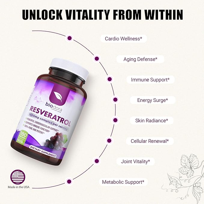 Resveratrol 1600mg, Trans-Resveratrol Antioxidant Supplement with Green Tea, Grape Seed Extract and Quercetin, Helps to Support Digestive Health and Immune System, 180 Capsules