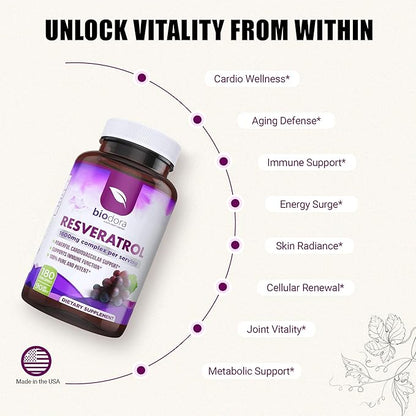 Resveratrol 1600mg, Trans-Resveratrol Antioxidant Supplement with Green Tea, Grape Seed Extract and Quercetin, Helps to Support Digestive Health and Immune System, 180 Capsules