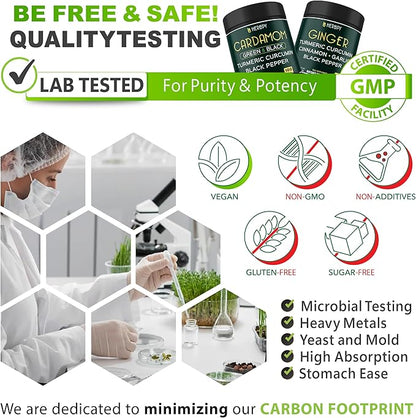 Bundle 5in1 Ginger Supplement 100 Count & 4in1 Cardamom Supplement 100 Count - Support Digestion, Heart Health and Natural Wellness