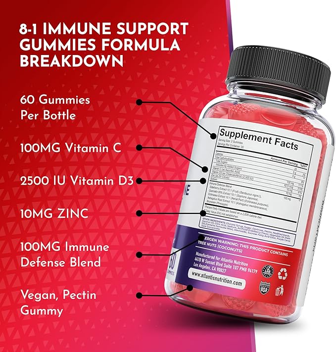 Atlantis Nutrition 8-in-1 Immune Support Gummies with Elderberry | Immune Supplement with Elderberry, Quercetin, Zinc, Vitamin C - Immunity Boosters for Adults & Kids - Delicious Flavor - 60 Count