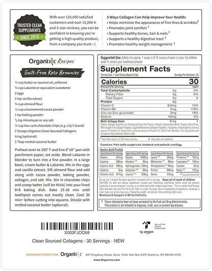 Organixx Collagen Peptides Powder with Vitamin C, Types I, II, III, V, X Hydrolyzed Collagen, Hair, Nail, Skin, Bone & Joint Health, Aging Support, Clean Sourced, Gluten Free, Unflavored, 30 Servings