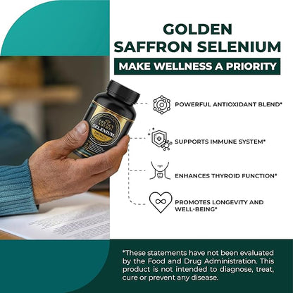 Golden Saffron Selenium (200mcg Selenium & 88.5 mg Saffron Extract) - to Support Overall Health, Non-GMO, Gluten Free, Dairy Free, with Unique and Advanced Formula – Made in USA & Tasteless.