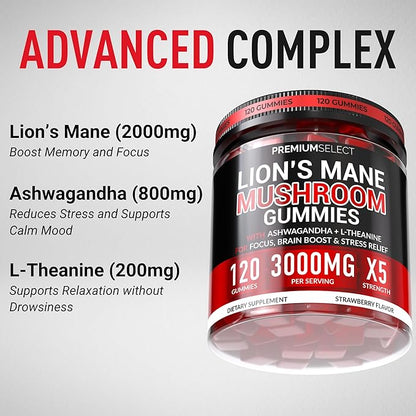 Lions Mane Gummies Sugar Free – 120 Gummies for Clarity & Brain Nutrition Support - Lion's Mane Mushroom 3000mg with Ashwagandha & L-Theanine – Brain & Mood Supplement – Focus, Memory, Calm