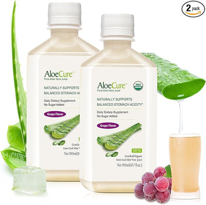 AloeCure USDA Organic Aloe Vera Juice Grape Flavor, Made Within 12 Hours of Harvest - Pure Aloe Vera Digestive & Immune Health Supplement, Helps Maintain Balanced Stomach Acidity, 16.7oz x 2 Btls