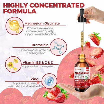 Magnesium Glycinate Liquid - 1500mg Maximized Absorption Magnesium Complex Supplement to Support Stress Relief, Night, Heart Health, Nerves and Muscles - Strawberry Flavor (60ml)