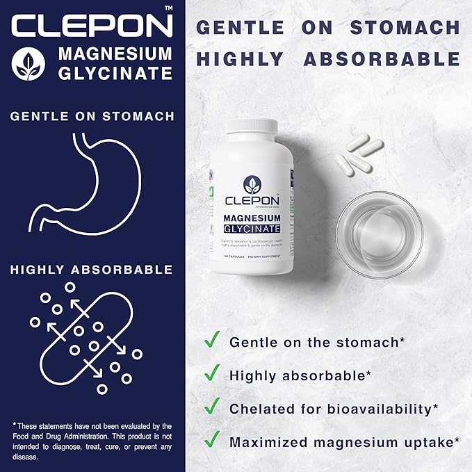 Magnesium Glycinate - Chelated, Highly Absorbable & Gentle on Stomach - Supplement for Heart & Bone Health, Restful Sleep, Stress Relief, Muscles & Nerves - Gluten-Free, Non-GMO, Vegan (180 Capsules)