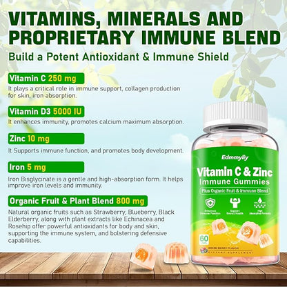 Organic Vitamin C Gummies for Adults - Chewable Vitamin C with Zinc & Iron and Vitamin D3 5000iu for Women Men - Immune Support Supplement Gummies
