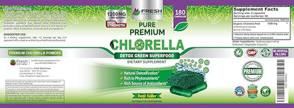 FRESH HEALTHCARE Premium Chlorella Supplement, 1200mg Pure Vegan Powder Capsules, 180 Chlorophyll and CFG Pills, Natural Detox Superfood, Naturally Contains B Vitamins and Minerals